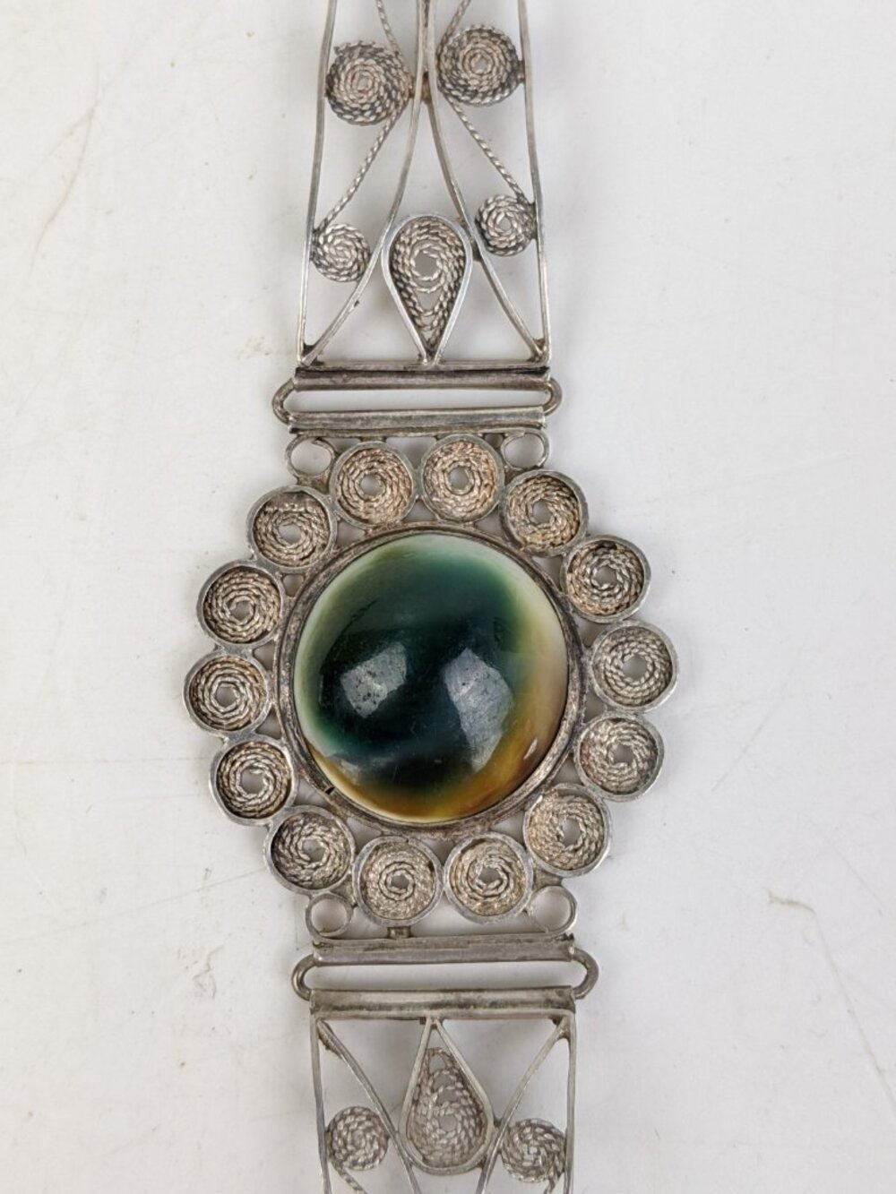 Vintage 800 Silver Filigree Shiva Eye Shell Bracelet